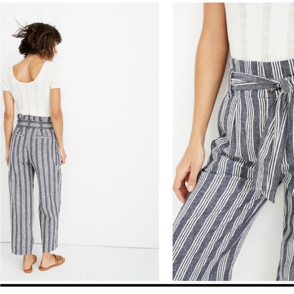 Madewell indigo stripe cropped paperbag pants 10 - Picture 1 of 3